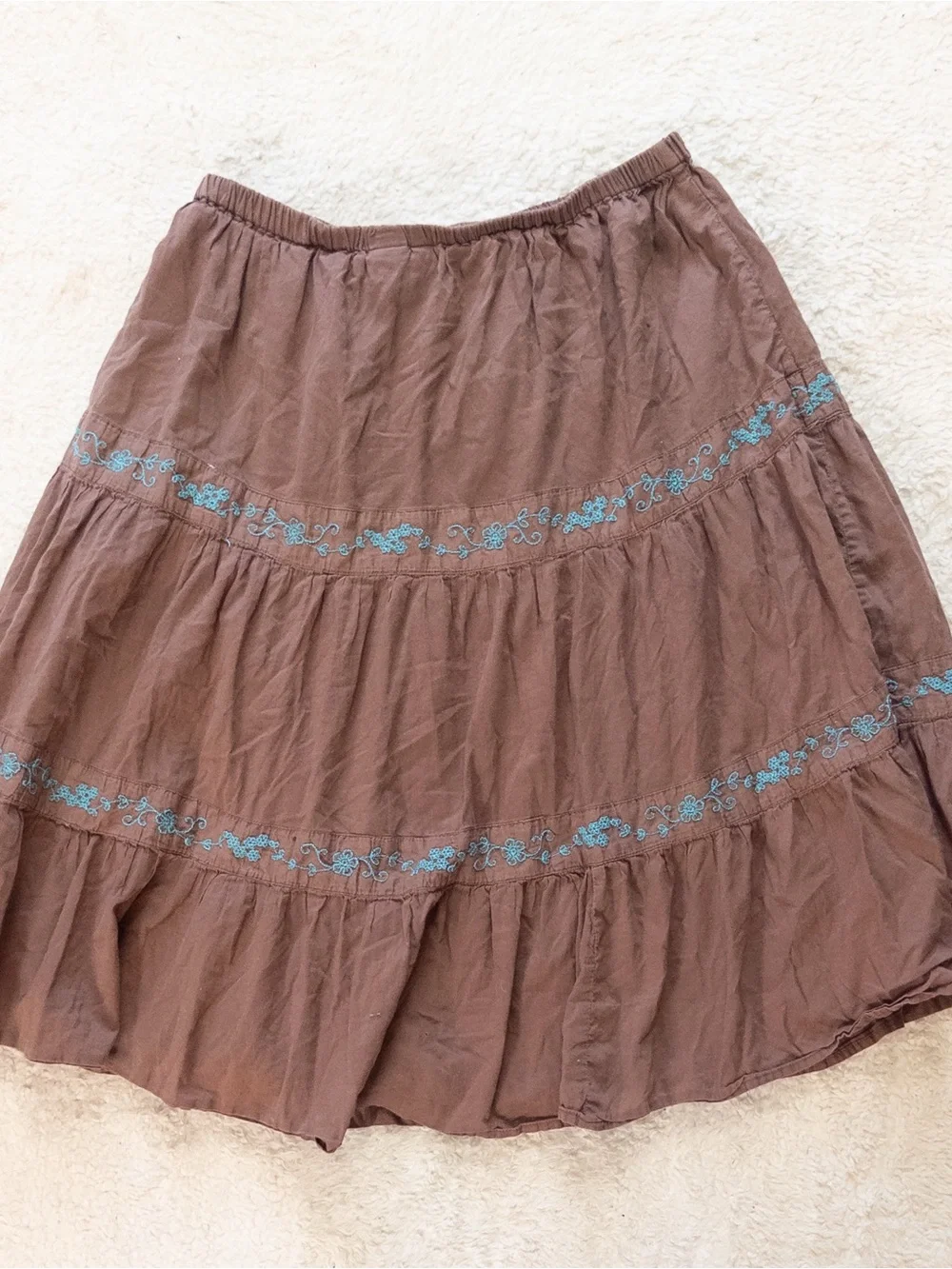 SO Rust Brown Tiered Midi Skirt with Turquoise Embroidery